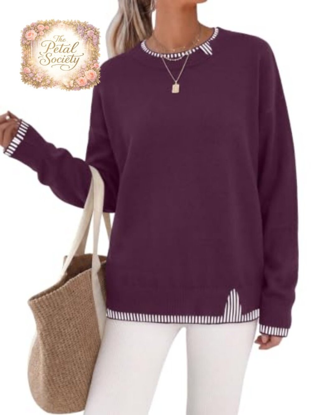 Womens Long Sleeve Crew Neck Knit Pullover Sweater Loose Fit